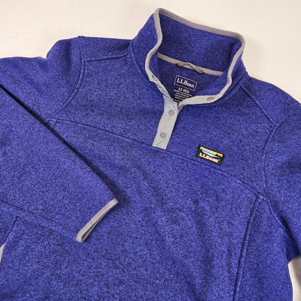 LL Bean Sweater Fleece Pullover Womens 1X Reg Blue Heather Snap Neck